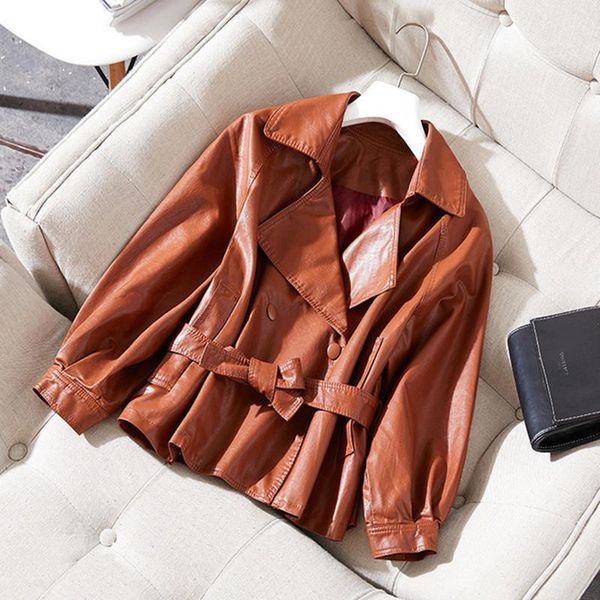

women's leather & faux elegant jacket women 2021 arrival autumn winter slim brown black brand ladies coat outwear female belt