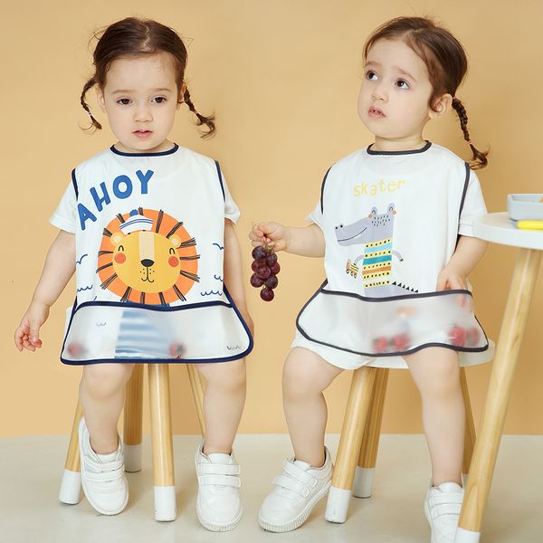 

boys and girls eating smock children's pocket four seasons thin apron infant bib anti falling rice sleevels style