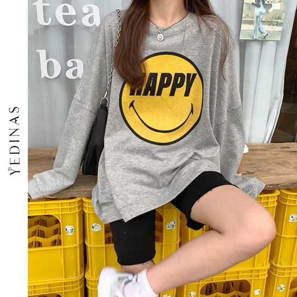 

yedinas smiley print sweatshirt women letter o-neck pullover female korean style sweater chic overside streetwear loose 210527, White;black