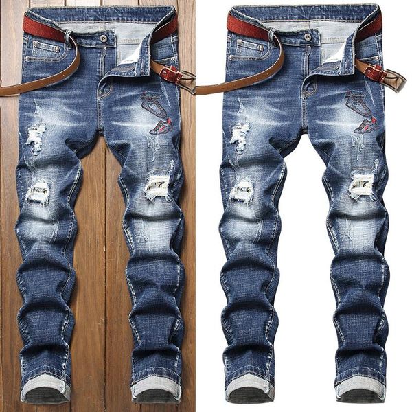 

men's jeans retro personality trendy european and american straight-leg holes, Blue