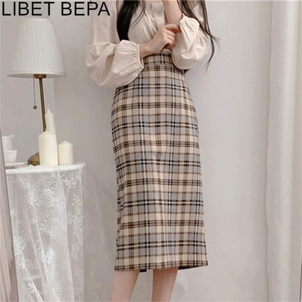 

new spring autumn women a-line skirts high waist checkered plaid korean style fashionable split vintage midi skirts sk6196 210310, Black
