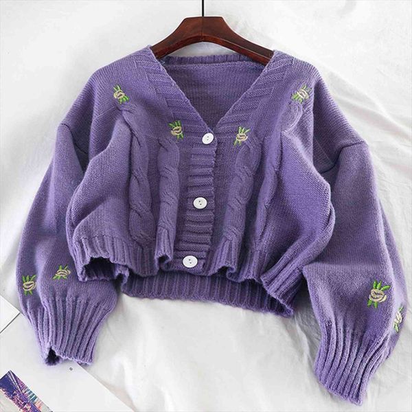 

adisputent korean v neck women sweaters lantern long sleeve knitted cardigans female embroidery solid single breast short sweater coat autum, White;black