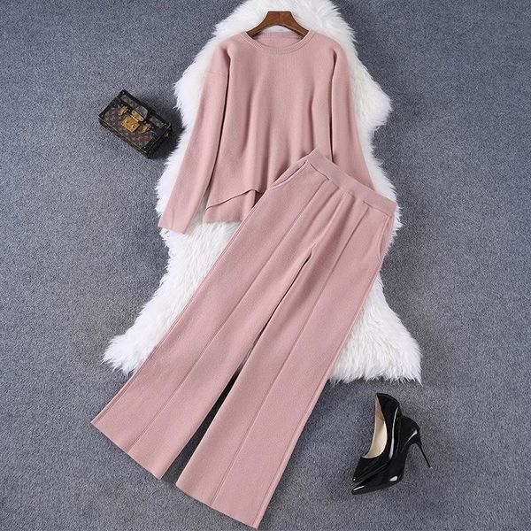 

women's two piece pants autumn clothing 2021 round neck long-sleeved knitted casual fashion all-match commuter temperament, White