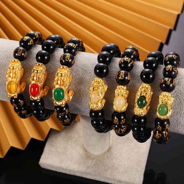 

gold plated silver zhaocai nafu copper plated obsidian bracelet, Black