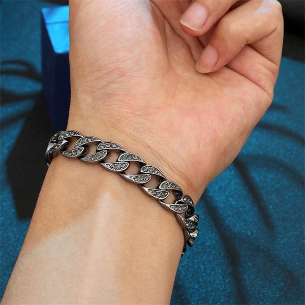 

link, chain luxury fashion rhinestone bracelet women men hiphop cuban link bracelets bling iced out gold silver color jewelry gifts, Black