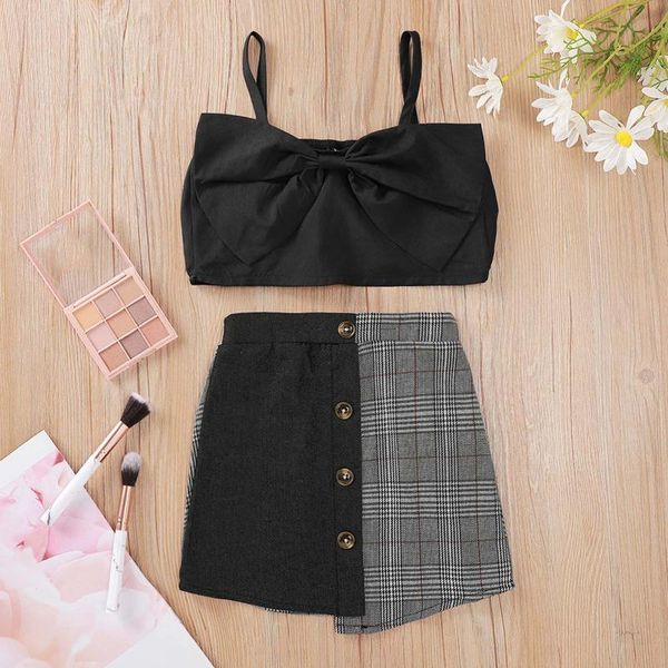 

clothing sets summer cute fashion baby girls clothes sleeveless plaid skirt suit with black bow suspenders children's, White