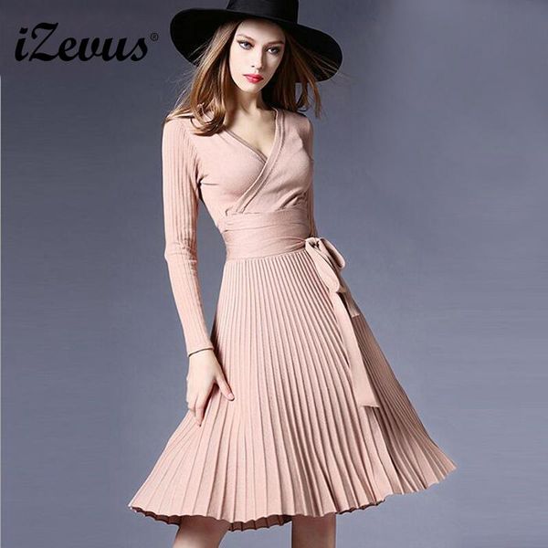 

casual dresses women knitted long sleeve low-cut v-neck tutu high waist flare hem pleated dress, Black;gray