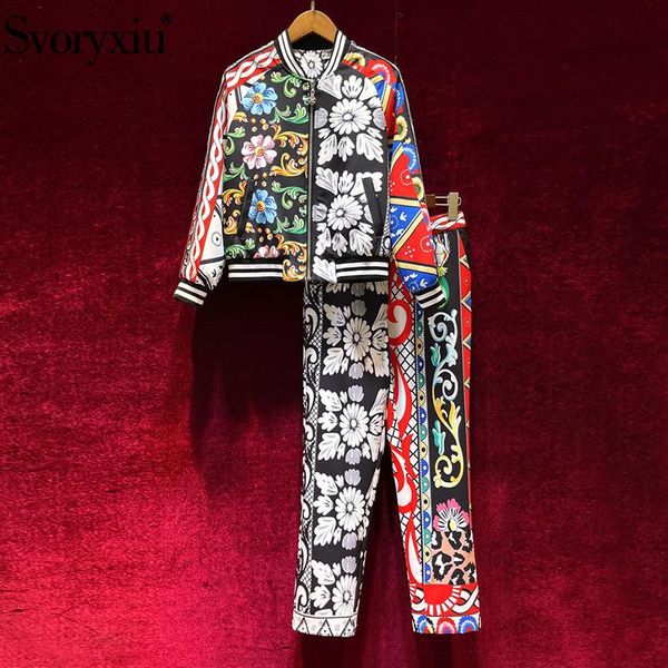 

women's two piece pants svoryxiu runway designer autumn fashion set vintage lining print long sleeve jackets + 2021 twinset, White