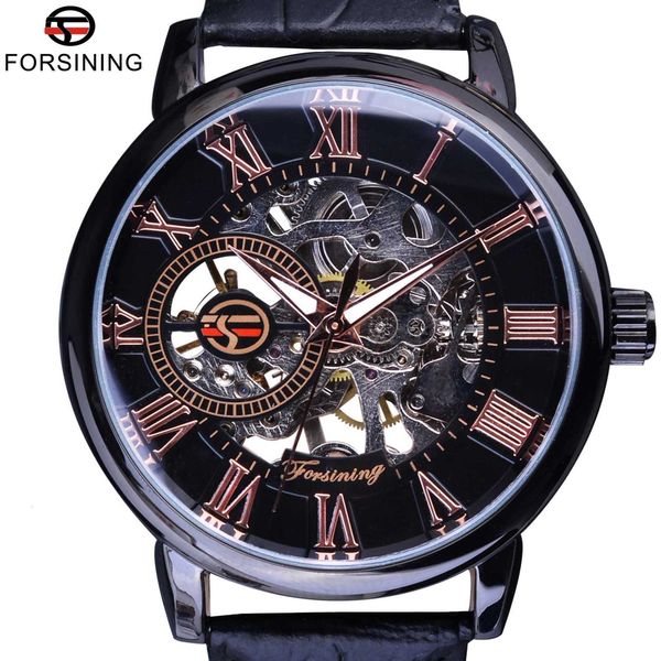 

forsining black bezel red roman display hollow engraving watches men brand luxury mechanical skeleton watch clock wristwatch, Slivery;brown