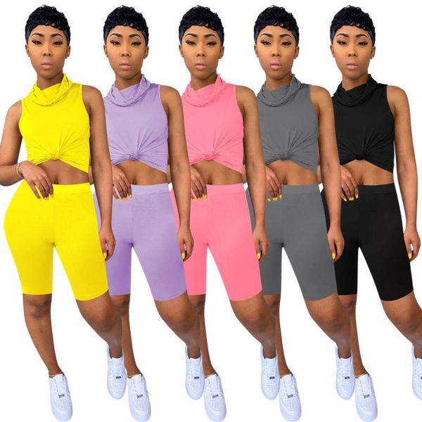 

adfvat neon yellow pink two piece set tracksuit women mask high necked sleeveless crop and short sweatsuit suits qm4018, Gray