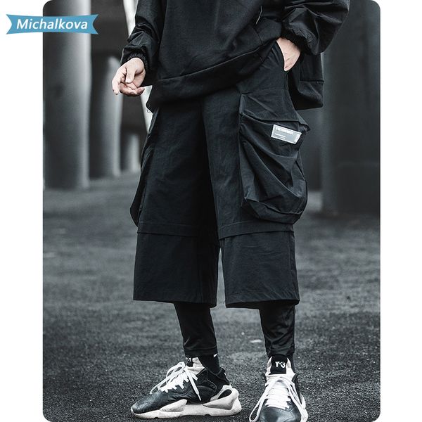 

big pocket fake two piece cargo pants baggy spring autumn hip hop punk harem pants mens streetwear joggers black michalkova c0222