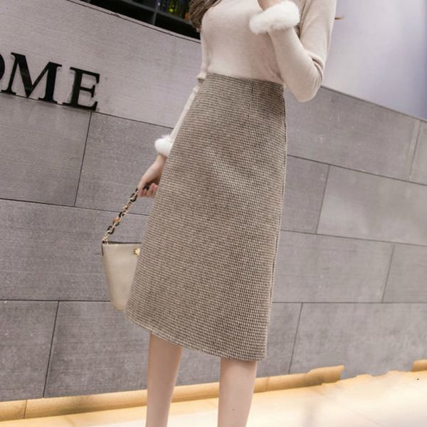 

women woolen skirts winter thicken houndstooth elegant a chic line skirt high waist women's midi faldas y133 lx5x, Black
