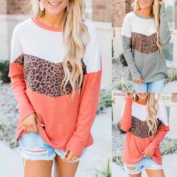 

40#women's casual leopard print patchwork color blouses block crew neck long sleeve loose pullover autumn pullover shirts, White