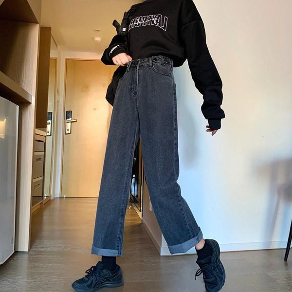 

women's jeans korean loose fit straight black in autumn and winter of 2021, Blue