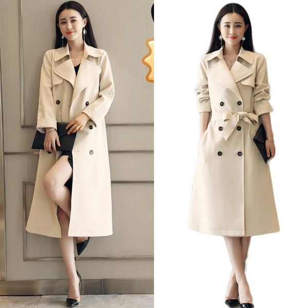 

winternew spring british style trench female long coat women double breasted adjustable waist windbreaker outerwears x55, Tan;black