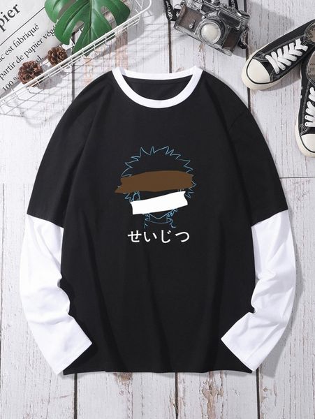 

men japanese letter & figure graphic 2 in 1 tee l8pn#, White;black