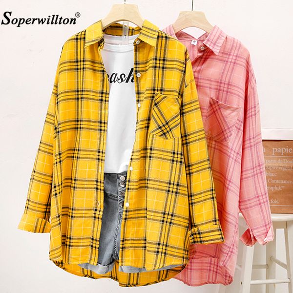 

t-shirt autumn cotton plaids women loose blusas fashion large size womens shirts plaid yellow/pink/black 210302, White