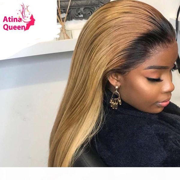 

black roots ombre 360 lace frontal wig preplucked bleached knots 13x6 honey blonde lace front wigs remy glueless full wig, Black;brown