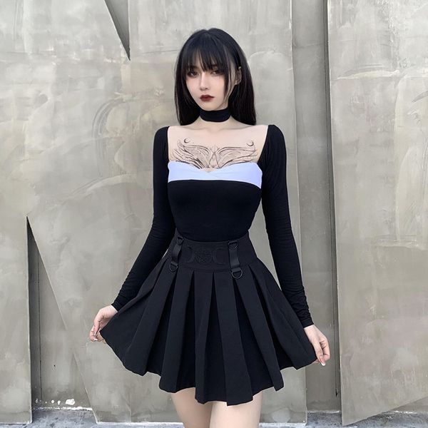 

patchwork vintage black long sleeve gothic streetwear bodycon crop autumn female casual lace up sale, White