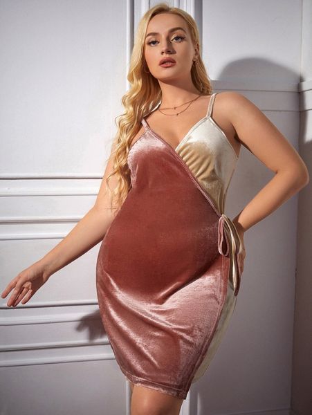 

plus two tone wrap knot side velvet cami nightdress 97mf#, Black;white