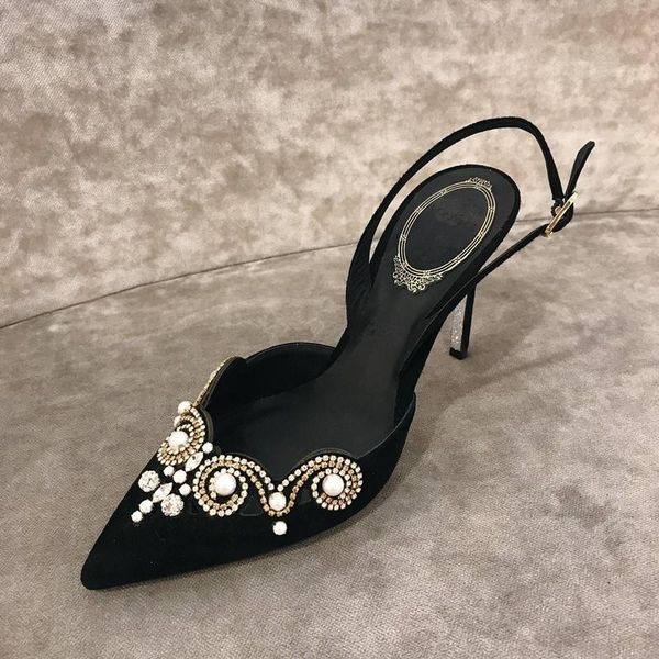

black gladiator sandals elegant pointed toe summer shoes woman pumps cystal decor shallow sandalias mujer brand high heels shoes