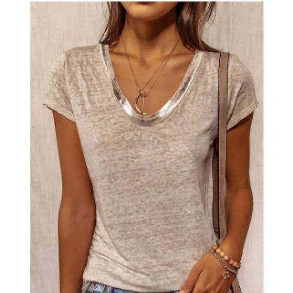 

2021 fashion t shirts women's summer v-ne contrast slim short sleeve, White
