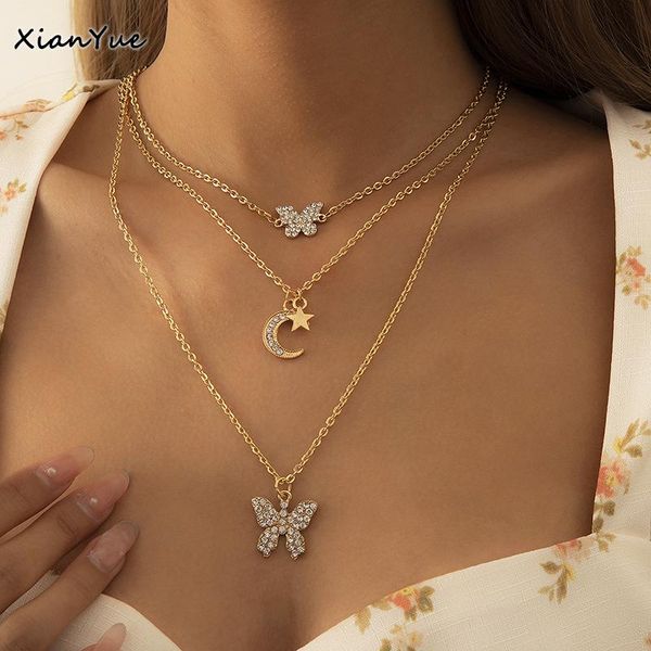 

pendant necklaces fashion multi-layer butterfly moon for women luxury bohemia geometry clavicle necklace gift gold, Silver