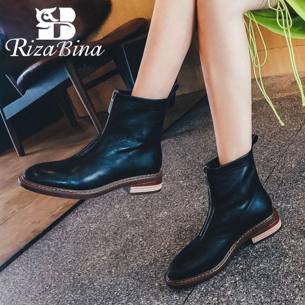 

boots rizabina size 34-42 women ankle flock flats front zipper shoes round toe winter warm fashion party footwear, Black