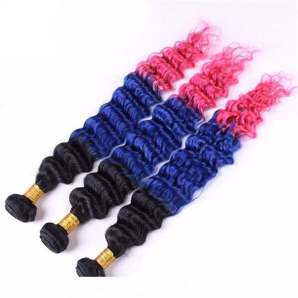 

brazilian three tone ombre human hair weaves extensions deep wave #1b blue pink ombre virgin human hair bundles deals 3pcs double wefts, Black