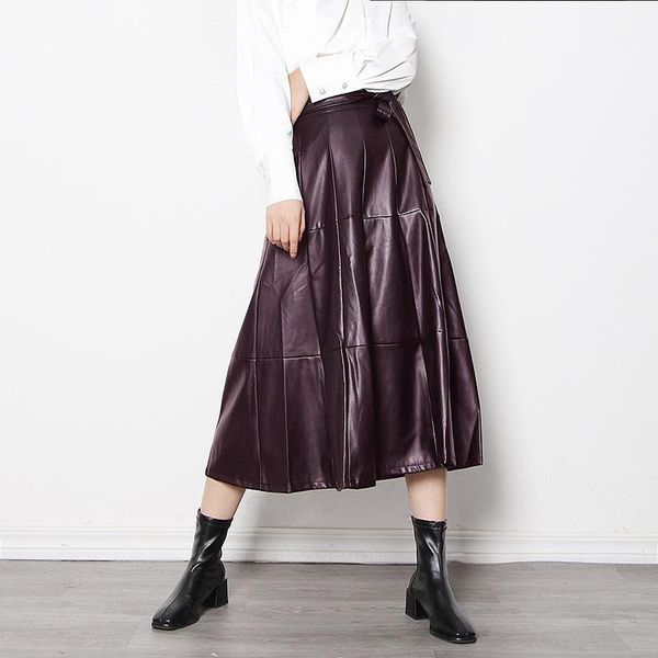 

skirts 2021 high waist solid color pu lace mid-length a-line skirt women, Black