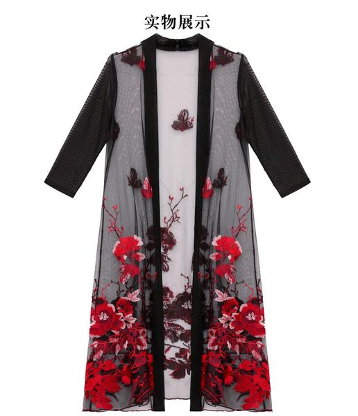 

women's blouses & shirts chinese national lady loose flower embroidery mesh kimonos femme women kimono cape wraps, White