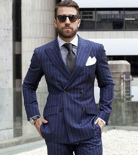 Moda blu navy con strisce Smoking da uomo da uomo doppiopetto Smoking dello sposo dello sposo Smoking da uomo Blazer Jablue cket Eccellente abito da 2 pezzi (giacca + pantaloni + cravatta) 1812