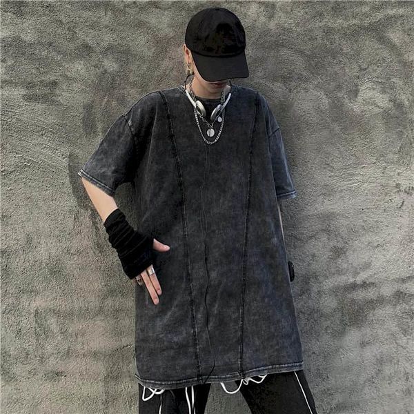 

high street women dark gothic t retro washed men's shirt half-mango short sleeves long hip-hop wild t-shirt loose am98, White
