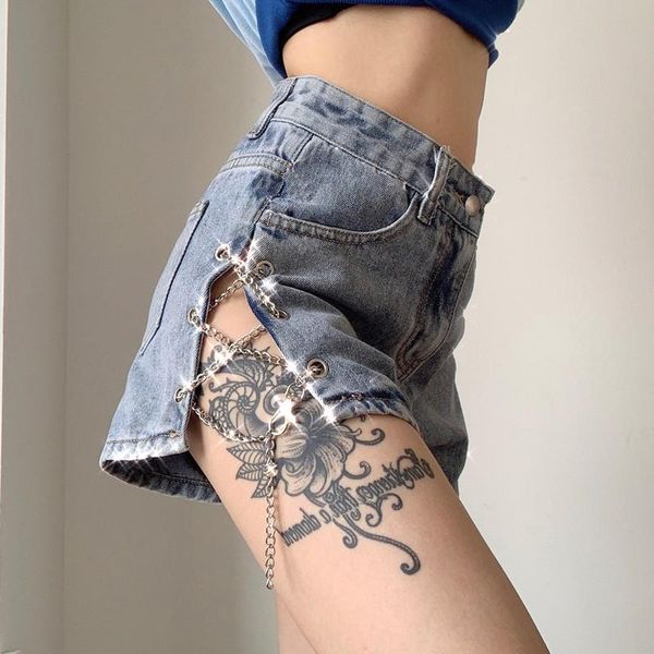 

women's jeans high waist mental chain jean shorts summer irregular split denim feminino pants korean femme 2021, Blue