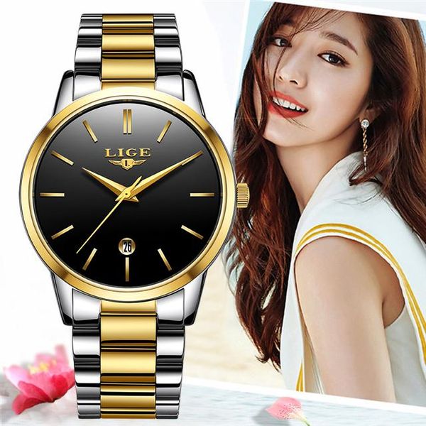 

wristwatches women watches lige gold black clock stainless steel quartz wristwatch female casual charm watch for ladies relogios feminino, Slivery;brown
