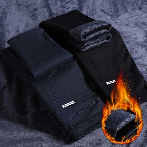 

winter men's warm thick casual pants business fashion black blue stretch fleece office slim trousers male brand 220108