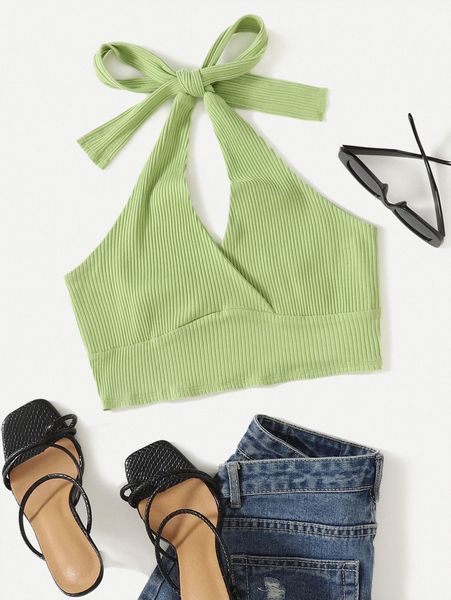 

rib-knit halter d0ex#, White