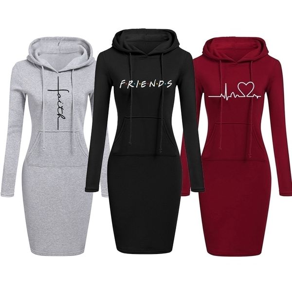 

autumn winter women hoodies sweatshirts long-sleeved dress vestidos woman clothing hooded drawstring pocket pullover dresses 201112, Black