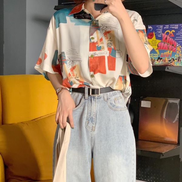 

casual vintage loose printed short sleeve shirt women's summer shirts kawaii punk lovely female harajuku chic tunic for women, White