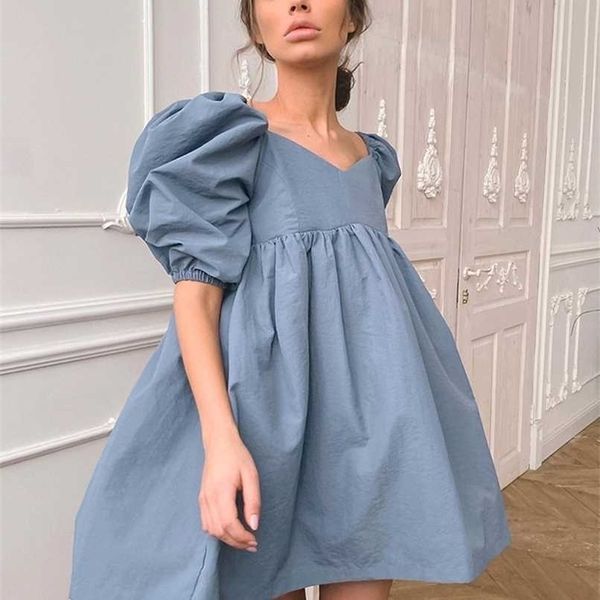 

bclout vintage blue black a-line mini dress woman summer loose patchwork party dress v neck half sleeve party vestido 211029, Black;gray