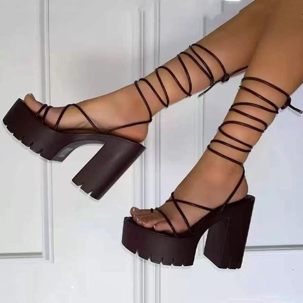 

dress shoes summer chunky heel sandals open round toe lace wedge sandal solid platform cross strap womens heels 2021, Black