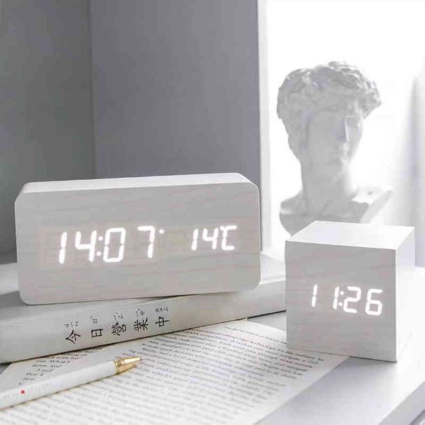 Wecker LED Holz Uhr Tisch Sprachsteuerung Digital Holz Despertador Snooze Zeit Temperatur Display Desktop Uhren