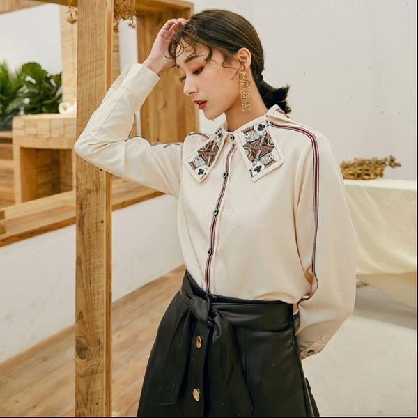 

women poker womens shirt print collar shirts button up designer runway long sleeve femme clothing office lady blouse, White