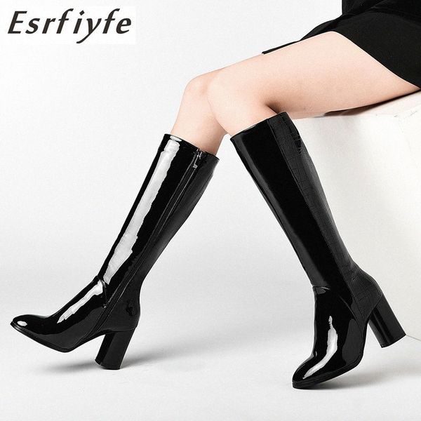 

esrfiyfe booties 2020 woman patent leather high heel square heel ronud toe boots thigh high boots knee high women winter t1xk#, Black