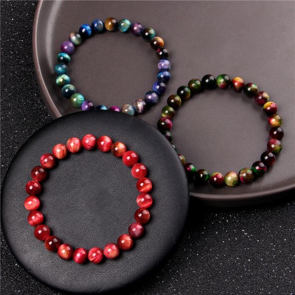 

elastic bracelets handmade jewelry men 8 mm colorful tiger eye beads bangle for women chakra healing polish stone charm pulsera, Black