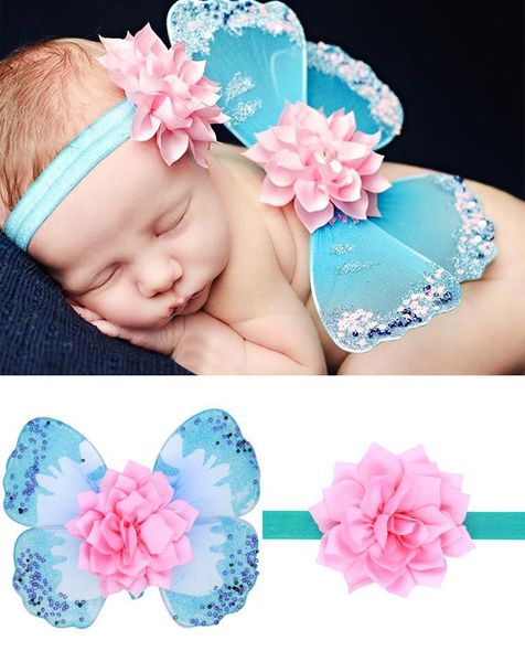 Bebê recém-nascido foto usar asas de borboleta com floreira conjunto infantil fotografia adereços traje bebê anjo asas acessórios de cabelo