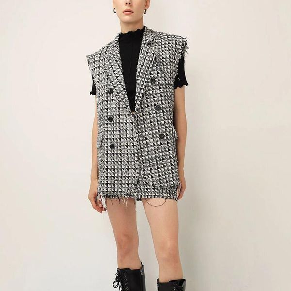 

women's vests spring and autumn casual plaid pocket decoration double-breasted vest, Black;white