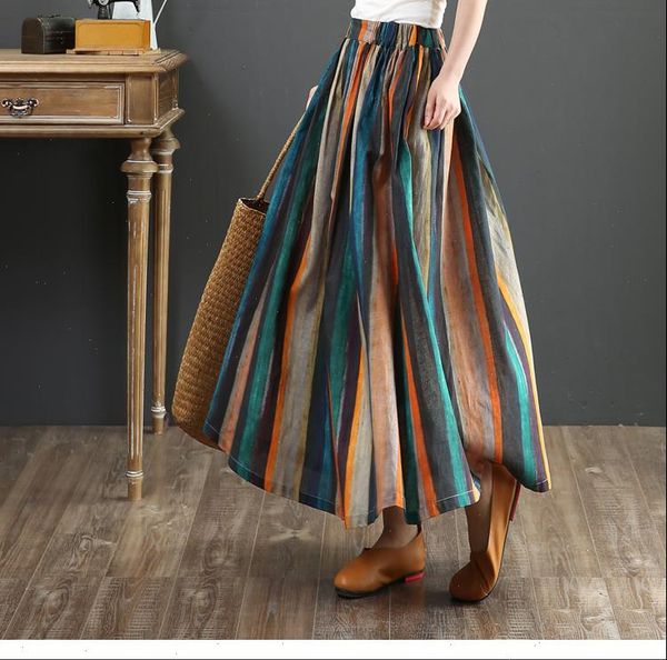 

colorful stripes long skirt personality folk retro style elastic waist a line skirt women 2021 summer drop shipping, Black