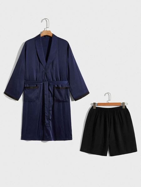 

men contrast trim belted satin robe & shorts pj set e4tk#, Black;brown