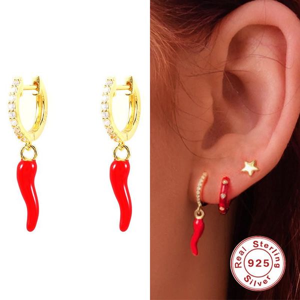 

hoop & huggie creative red chili enamel earrings for women girls pendientes plata 925 fashion crystal jewelry mujer, Golden;silver